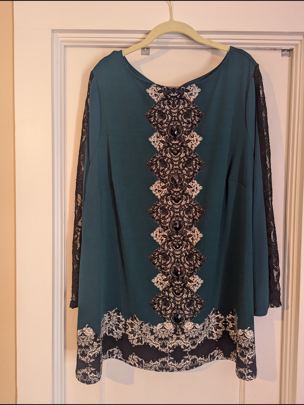 Style & Co. Teal Blouse with Black Lace Trim